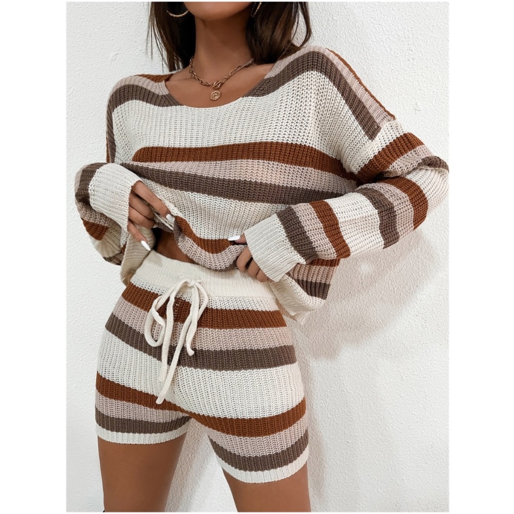 Cream Stripes Knit Oversized Sweater Lounge Shorts Set - Picture 1 of 4